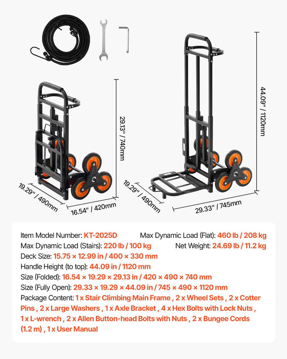 Stair Climbing Cart, 100 kg Stair-Climbing Capacity, Heavy-Duty Folding Trolley Cart with Telescoping Handle, 6 Wheels and 2 Bungee Cords, Stair Climber Dolly for Home, Groceries, Warehouse
