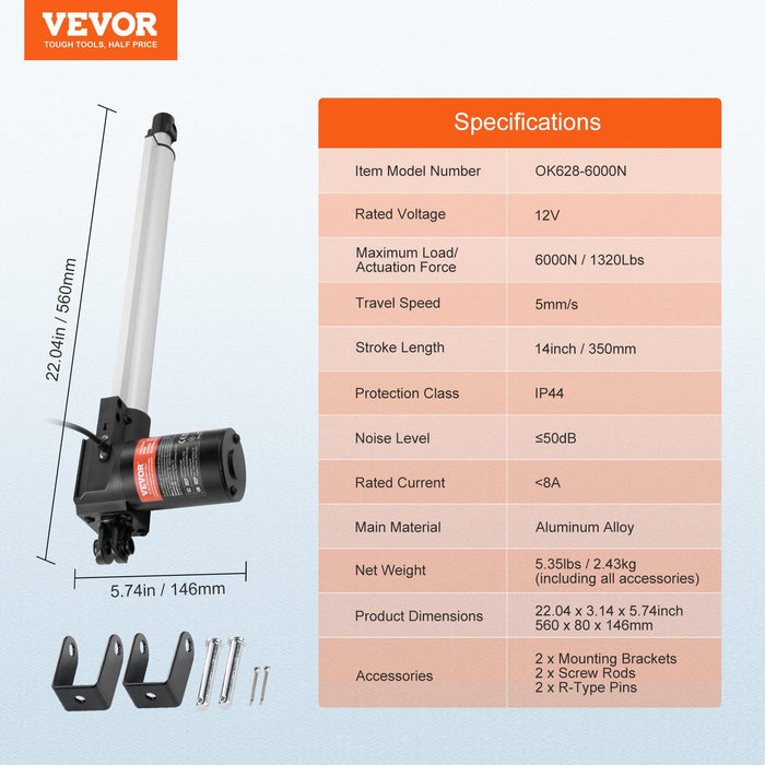Linear Actuator 12V, 14 Inch Heavy Duty 1320lbs/6000N Linear Actuator, 0.19"/s Linear Motion Actuator with Mounting Bracket & IP44 Protection for Electric Door Industrial Machinery Vessels Cargo