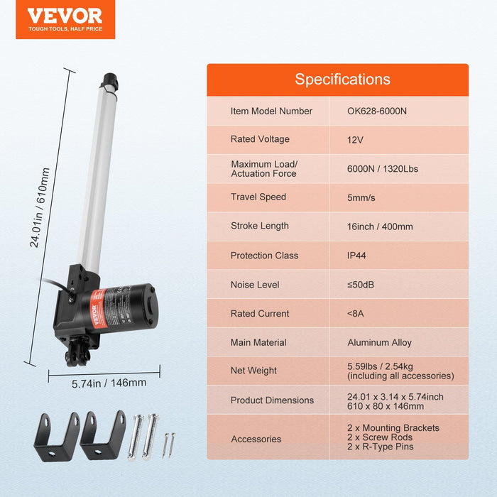 Linear Actuator 12V, 16 Inch Heavy Duty 1320lbs/6000N Linear Actuator, 0.19"/s Linear Motion Actuator with Mounting Bracket & IP44 Protection for Electric Door Industrial Machinery Vessels Cargo