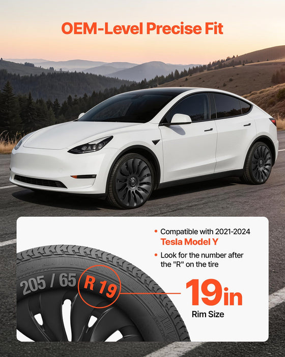 Hubcaps Wheel Covers for 2021-2024 Tesla Model Y, 19 Inch Set of 4 Wheel Rim Cover Hubcaps OEM Style Replacement, R19 Size Snap On Car Hub Caps, Premium 14-Spoke ABS Tire Rim Caps, Matte Black