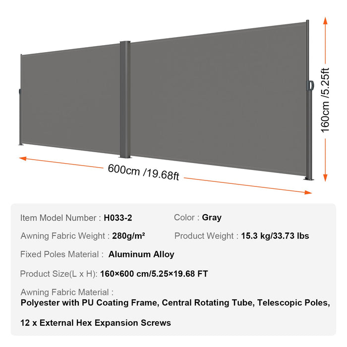VEVOR Retractable Side Awning, 160X600cm Aluminum Outdoor Privacy Screen, 280g Polyester Water-proof Retractable Patio Screen, UV 30+ Room Divider Wind Screen for Patio, Backyard, Balcony, Gray