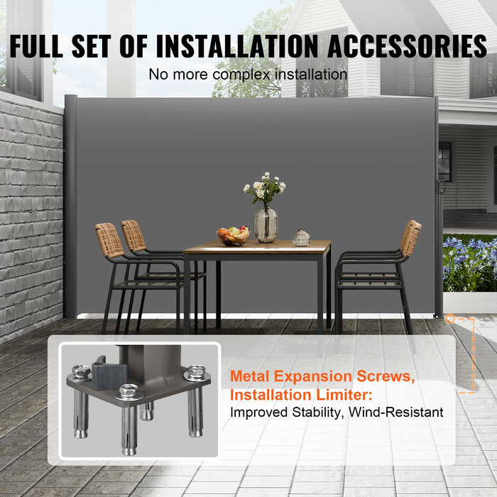 VEVOR Retractable Side Awning, 180X300cm Aluminum Outdoor Privacy Screen, 280g Polyester Water-proof Retractable Patio Screen, UV 30+ Room Divider Wind Screen for Patio, Backyard, Balcony, Gray
