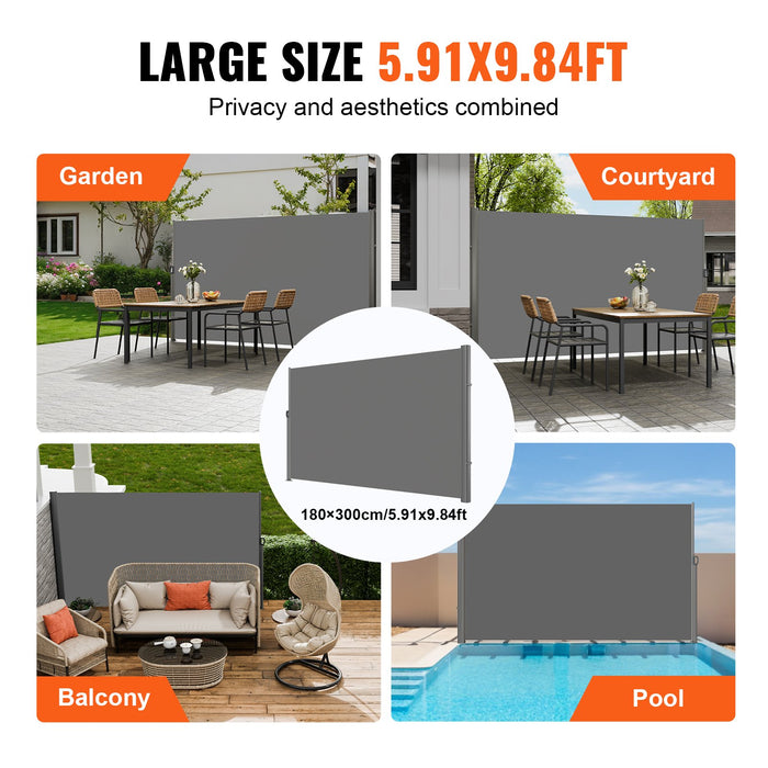 VEVOR Retractable Side Awning, 180X300cm Aluminum Outdoor Privacy Screen, 280g Polyester Water-proof Retractable Patio Screen, UV 30+ Room Divider Wind Screen for Patio, Backyard, Balcony, Gray