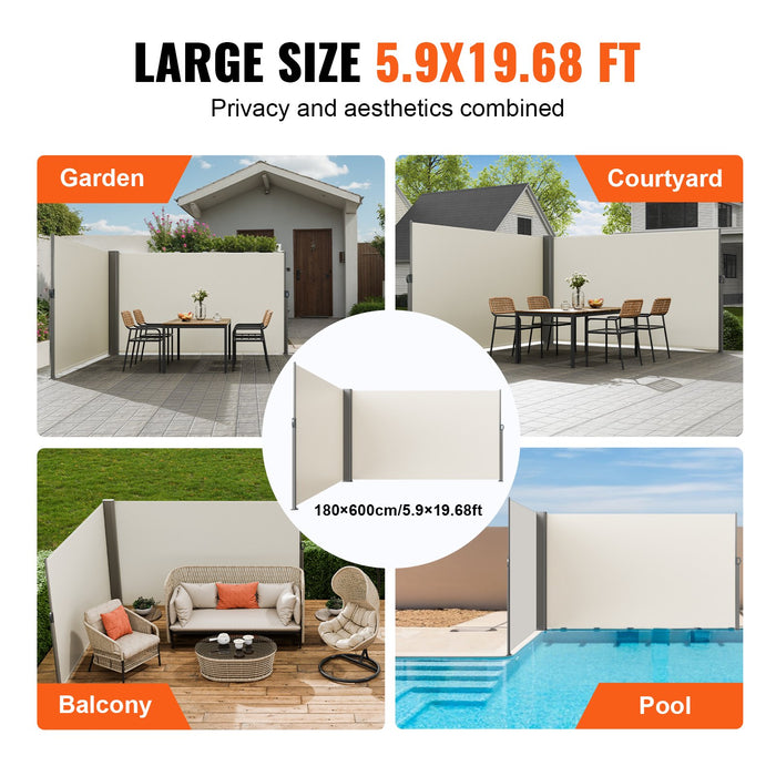 VEVOR Retractable Side Awning, 180X600cm Aluminum Outdoor Privacy Screen, 280g Polyester Water-proof Retractable Patio Screen, UV 30+ Room Divider Wind Screen for Patio, Backyard, Balcony, Beige