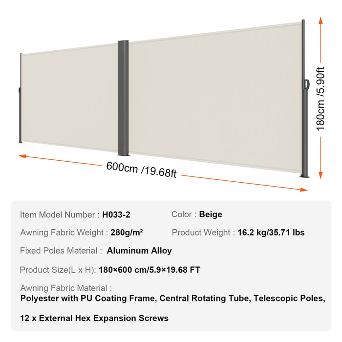 VEVOR Retractable Side Awning, 180X600cm Aluminum Outdoor Privacy Screen, 280g Polyester Water-proof Retractable Patio Screen, UV 30+ Room Divider Wind Screen for Patio, Backyard, Balcony, Beige