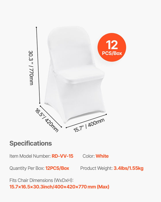 VEVOR Stretch Spandex Folding Chair Covers, Universal Fitted Chair Cover, Removable Washable Protective Slipcovers, for Wedding, Holiday, Banquet, Party, Celebration, Dining (12PCS White)