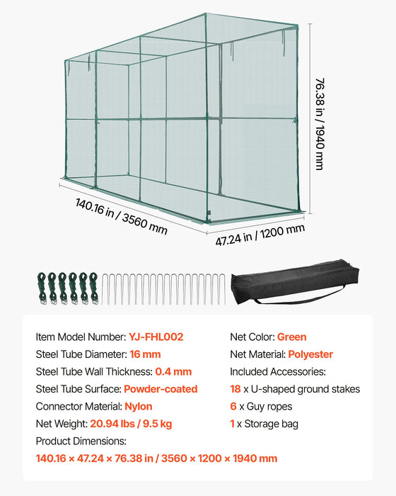 VEVOR Crop Cage, 3.56 x 1.2 x 1.94 m Plant Protection Tent with Zippered Door, Wind-Resistant Tall Crop Cage, Easy to Install, Outdoor Raised Bed Cover, Tomato Plant Netting for Garden Patio Lawn