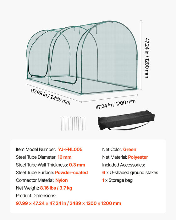 VEVOR Crop Cage, 2.48 x 1.2 x 1.2 m Plant Protection Tent with Zippered Door, Wind-Resistant Tall Crop Cage, Easy to Install, Outdoor Raised Bed Cover with Frame, Plant Netting for Garden Patio Lawn
