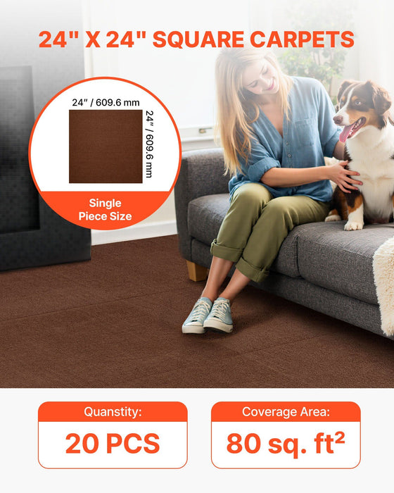 Carpet Tiles 610x610 mm, 20 PCS Peel and Stick Carpet Square Rug, Self Adhesive Commercial Floor Soft Padded for Seamless Cover 7.4㎡, Easy DIY Replacement for Living Room Office, Dark Brown