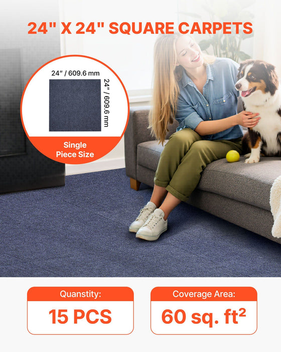 Carpet Tiles 610x610 mm, 15 Pack Peel and Stick Carpet Square Rug, Self Adhesive Commercial Floor Soft Padded for Seamless Cover 5.6㎡, Easy DIY Replacement for Living Room Office, Gray