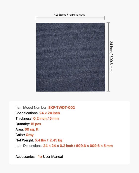 Carpet Tiles 610x610 mm, 15 Pack Peel and Stick Carpet Square Rug, Self Adhesive Commercial Floor Soft Padded for Seamless Cover 5.6㎡, Easy DIY Replacement for Living Room Office, Gray