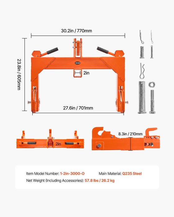 3-Point Quick Hitch with 2 in Receiver, 3000 Lbs Lift Capacity, 3-Pt Hitch with 5 Level Adjustable Bolt, Adaptation to Category 1 & 2 Tractor, Heavy Duty 3 Point Attachments, Orange
