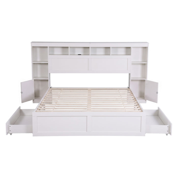 Artiss Queen Bed Frame with Storage Bookcase Headboard, USB & Type-C Ports & Drawers White