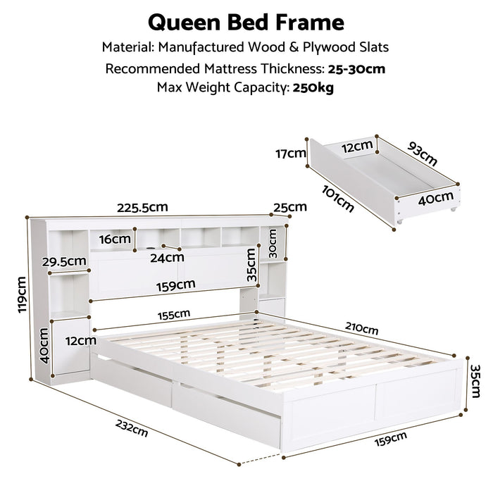 Artiss Queen Bed Frame with Storage Bookcase Headboard, USB & Type-C Ports & Drawers White