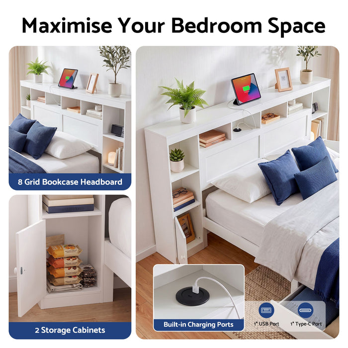Artiss Queen Bed Frame with Storage Bookcase Headboard, USB & Type-C Ports & Drawers White