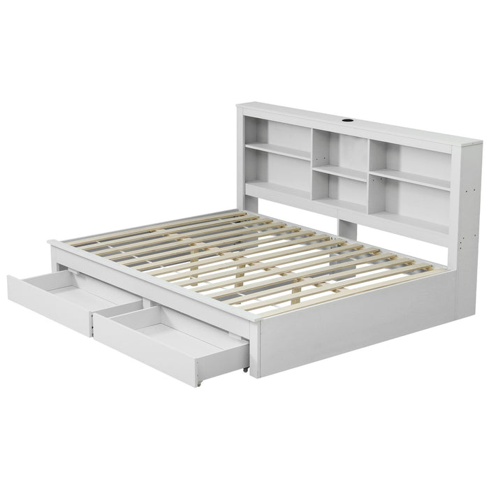 Artiss Noise-Free White Farmhouse Solid Wood Double Platform Bed Frame with Storage Headboard, Charging Station and Drawers for Bedroom and Apartment