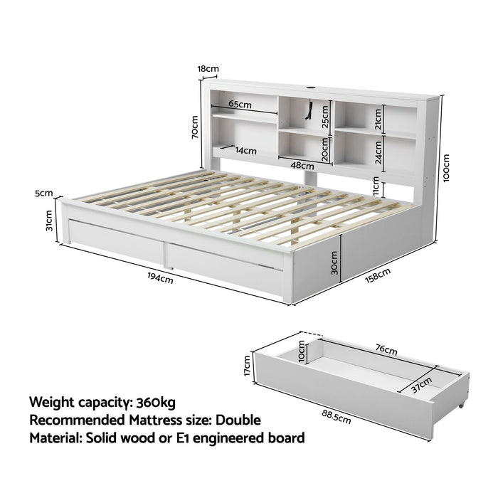 Artiss Noise-Free White Farmhouse Solid Wood Double Platform Bed Frame with Storage Headboard, Charging Station and Drawers for Bedroom and Apartment