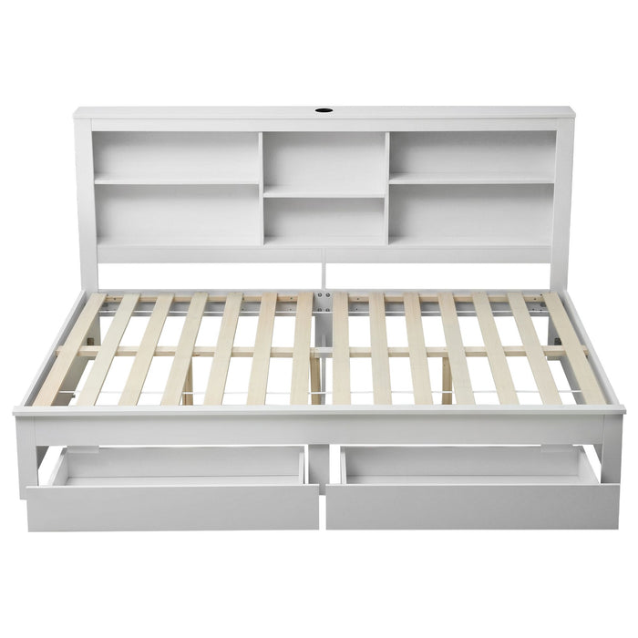 Artiss Noise-Free White Farmhouse Solid Wood Double Platform Bed Frame with Storage Headboard, Charging Station and Drawers for Bedroom and Apartment