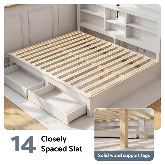 Artiss Noise-Free White Farmhouse Solid Wood Double Platform Bed Frame with Storage Headboard, Charging Station and Drawers for Bedroom and Apartment