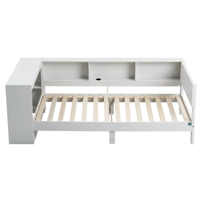 Artiss White Single Solid Wood Corner Platform Bed Frame with Built-in Desk, Storage Shelves and USB-C Charging Station for Small Spaces, Wooden Bed Base for Guest Room