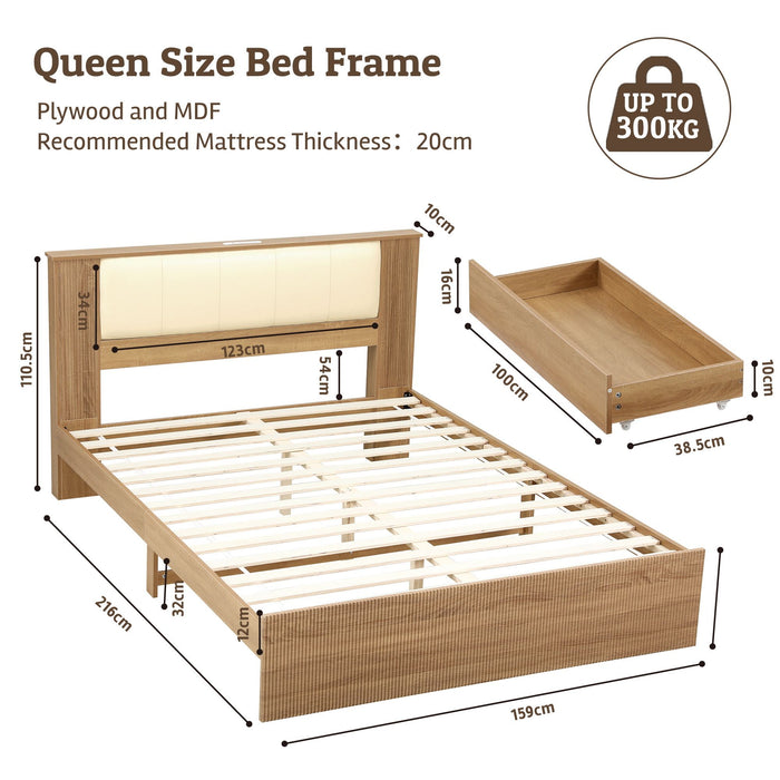 Artiss Queen Bed Frame with 2 Drawers, PU Leather Headboard & Charging Station