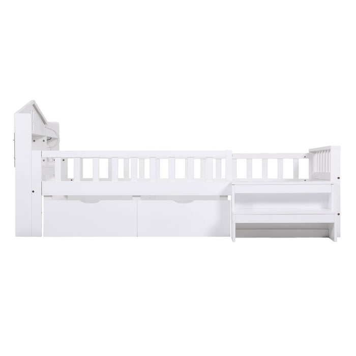 Artiss Single Bed Frame with 2 Storage Drawers, Montessori Bed with Headboard, 2 USB Ports & Led Light, Solid Wood Platform Bed Base with Safety Rail & Ladder, 31CM Under-Bed Storage, White
