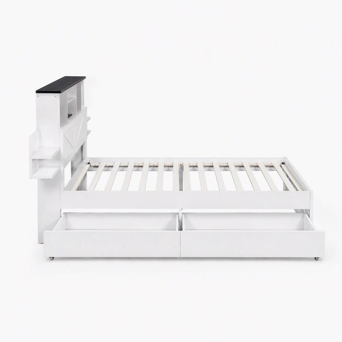Artiss King Single Bed Frame with Storage Drawers White Platform Bedframe with Bookcase Headboard Charging Station Led Light