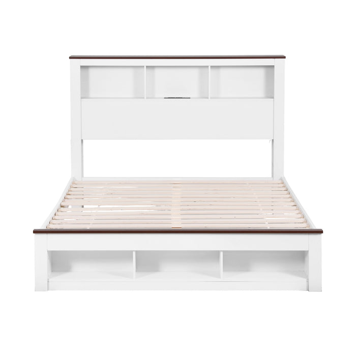 Artiss Double Bed Frame with Storage Bookcase Headboard and Footboard White Wooden Platform Bed with Charging Station and Led Light Bedroom Furniture