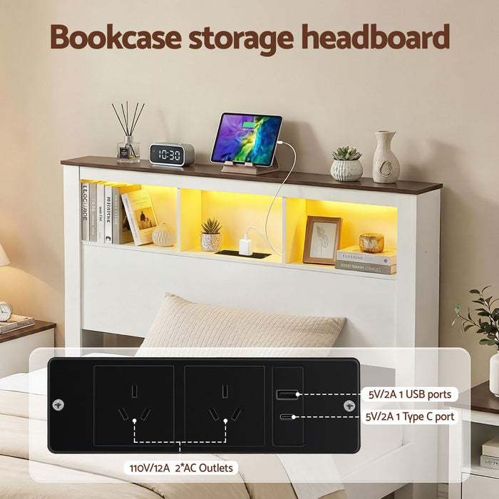 Artiss Single Bed Frame with Storage Bookcase Headboard and Footboard, White