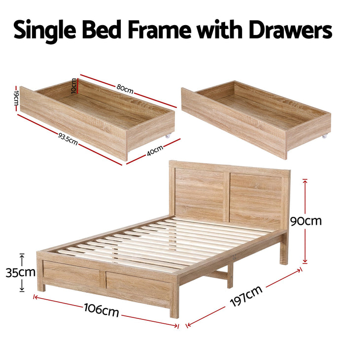 Artiss Single Bed Frame with 2 Drawers Wooden Bed Base Walnut