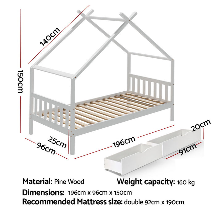 Artiss Bed Frame Wooden Base Kids Single Timber House  with 2 Storage Drawers Beds White