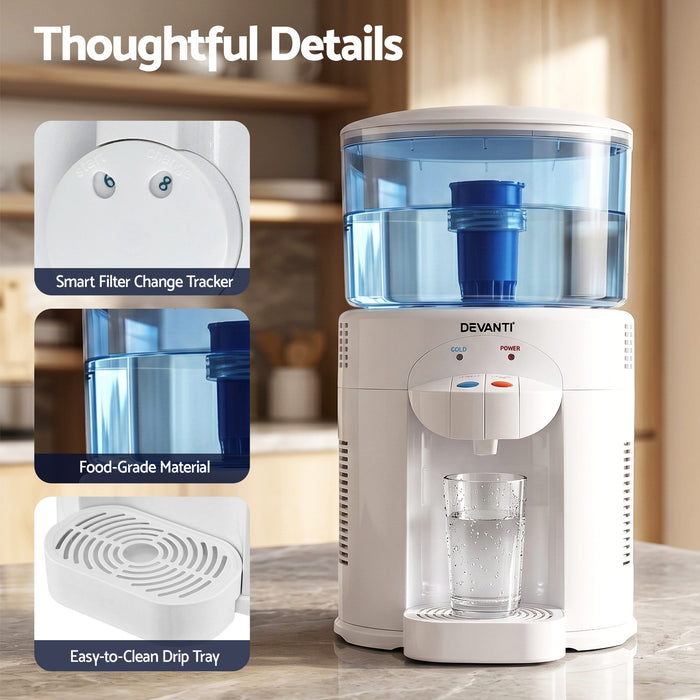 Devanti 5L Bench Top Water Cooler Dispenser with Filter 2 Taps Countertop Water Purifier