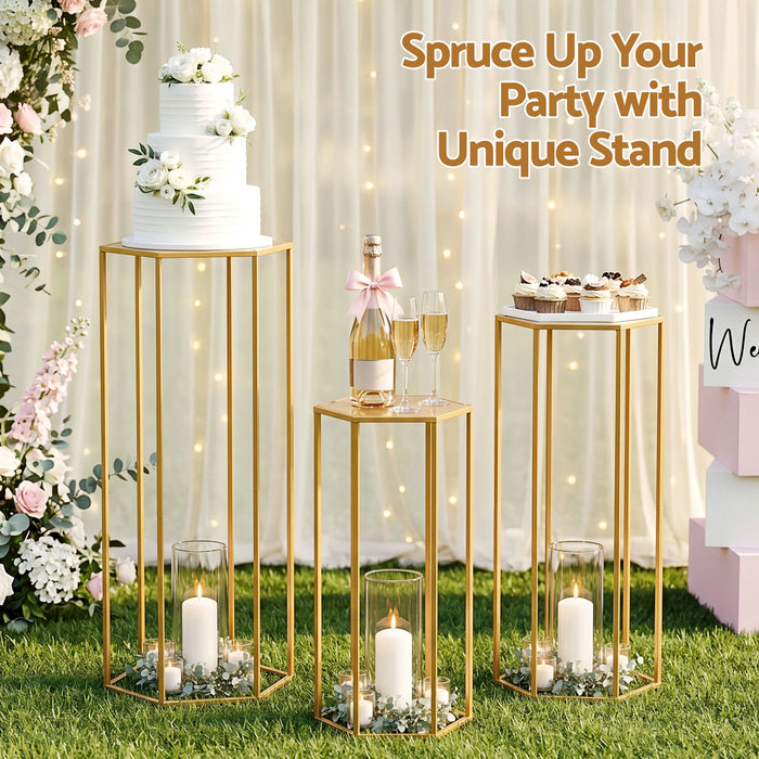 3Pcs Wedding Backdrop Pedestal Stand Gold Metal Hexagon Wedding Frame Plinth Pillars Table