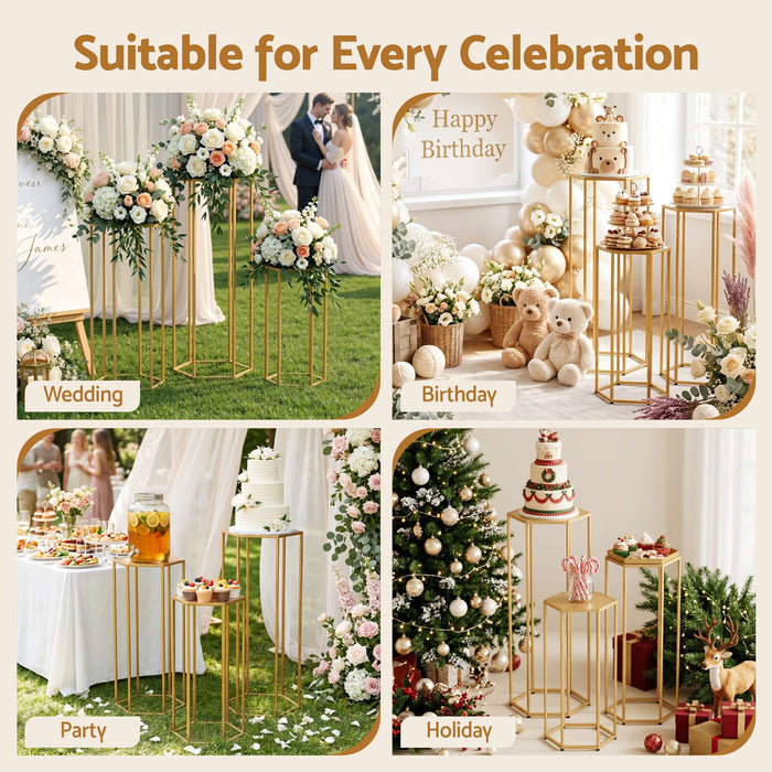 3Pcs Wedding Backdrop Pedestal Stand Gold Metal Hexagon Wedding Frame Plinth Pillars Table
