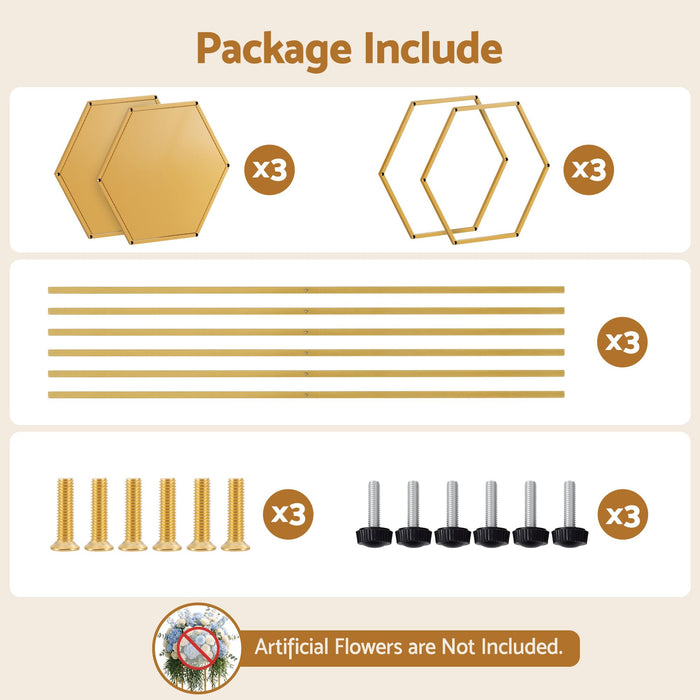 3Pcs Wedding Backdrop Pedestal Stand Gold Metal Hexagon Wedding Frame Plinth Pillars Table