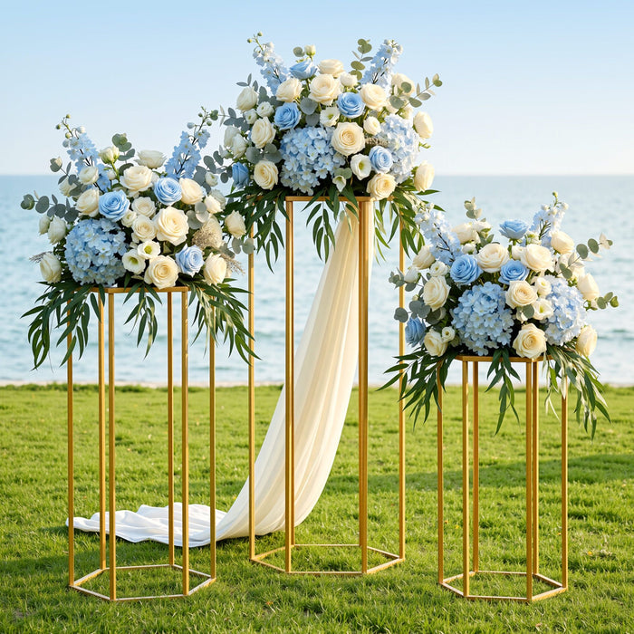 3Pcs Wedding Backdrop Pedestal Stand Gold Metal Hexagon Wedding Frame Plinth Pillars Table