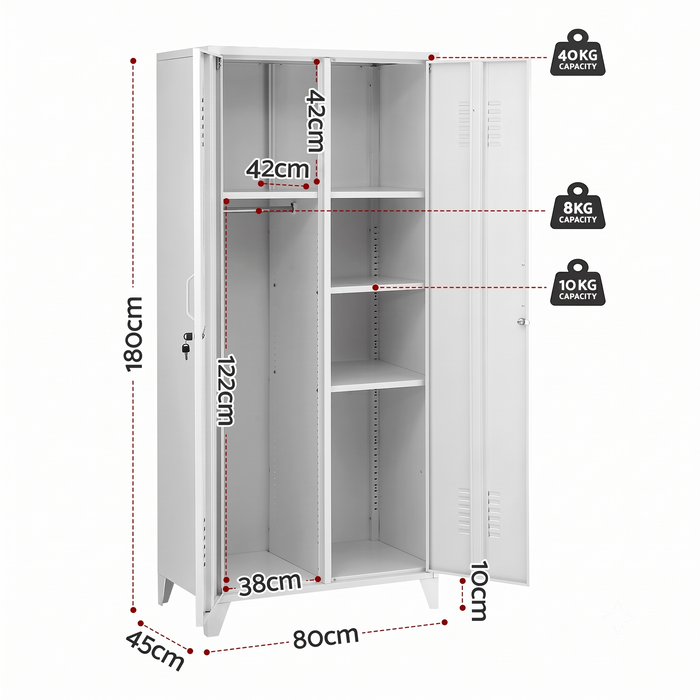 Artiss 2-Door Wardrobe Lockable Cabinet Storage Closet Hanging Rail Adjustable Shelves Cream White