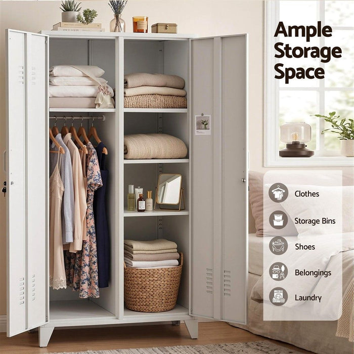 Artiss 2-Door Wardrobe Lockable Cabinet Storage Closet Hanging Rail Adjustable Shelves Cream White