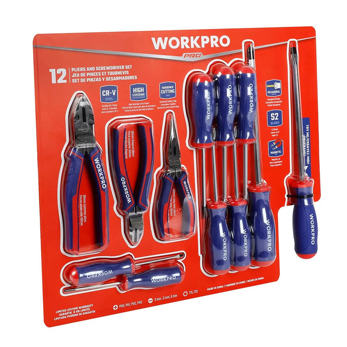 Workpro High Leverage Pliers And Screwdriver 12 Piece Set Bi-material Handle