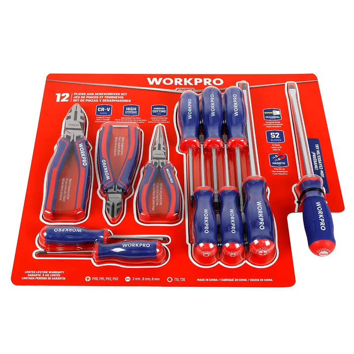 Workpro High Leverage Pliers And Screwdriver 12 Piece Set Bi-material Handle