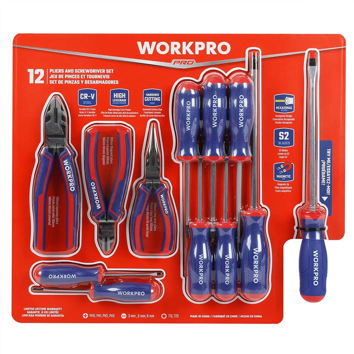 Workpro High Leverage Pliers And Screwdriver 12 Piece Set Bi-material Handle