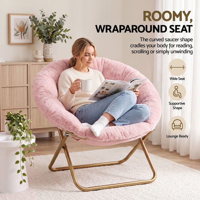 Artiss Cozy Saucer Chair Soft Faux Fur Folding Accent Chair for Bedroom Pink