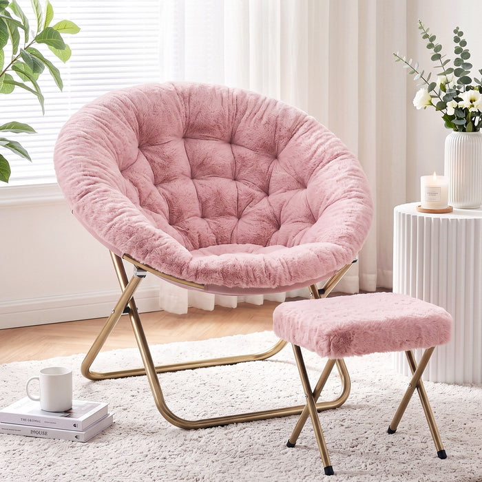 Artiss Comfy Saucer Chair Soft Faux Fur Foldable Accent Chair with Ottoman Pink