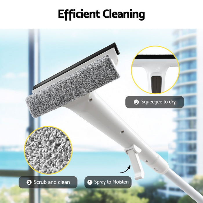 Giantz Window Cleaner Mirror Car, Spray Scrub Squeegee 136cm Extendable Long Handle with Water Tank 3 Microfiber Pads, Glass Scrubber for High Windows Home Car Mirror, White