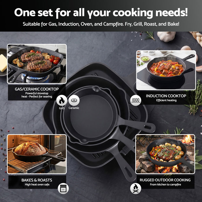 5-Star Chef Cast Iron Fry Pan Skillet Cookware Set Induction Black 14/16/20/24cm