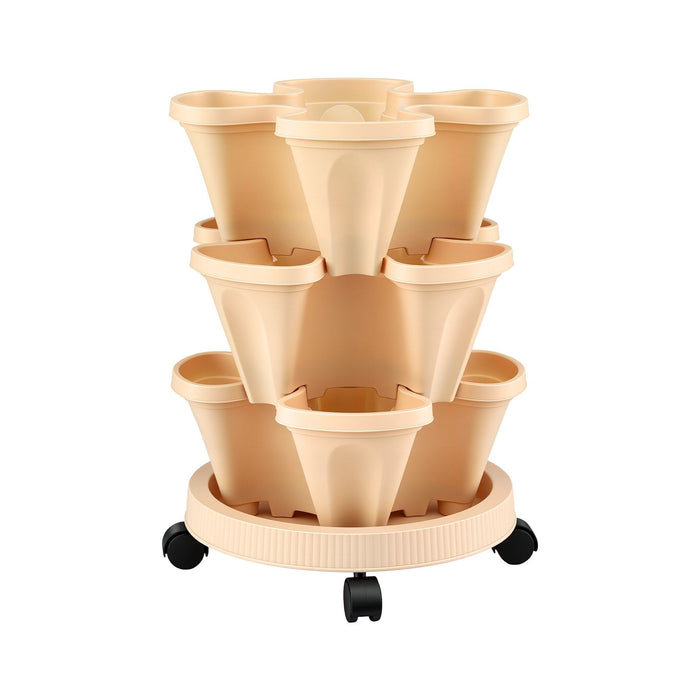Green Fingers 3 Tier Stackable Vertical Planter Tower Strawberry Pot Wheels Beige