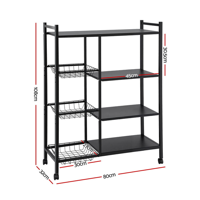 Artiss 4-Tier Kitchen Rack Microwave Bakers Storage Shelf with 3 Baskets Wheels