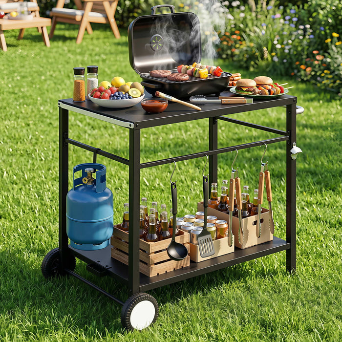 Weisshorn BBQ Camp Party Table, Garden Backyard Outdoor Cart Stainless Steel Prep Table Mobile Kitchen Trolley Heavy Duty with Wheels Tank Holder Hooks, Black