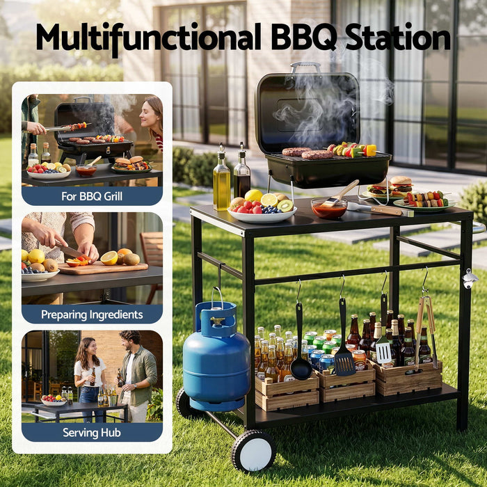 Weisshorn BBQ Camp Party Table, Garden Backyard Outdoor Cart Stainless Steel Prep Table Mobile Kitchen Trolley Heavy Duty with Wheels Tank Holder Hooks, Black