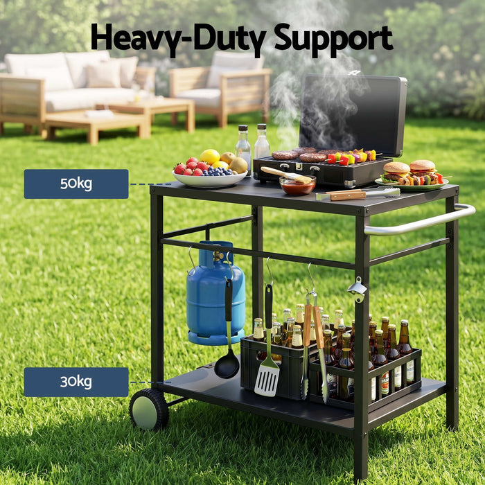 Weisshorn BBQ Camp Party Table, Garden Backyard Outdoor Cart Stainless Steel Prep Table Mobile Kitchen Trolley Heavy Duty with Wheels Tank Holder Hooks, Black